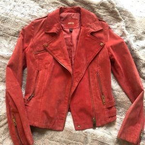 Mango Genuine Leather Suede Coral Moto Jacket